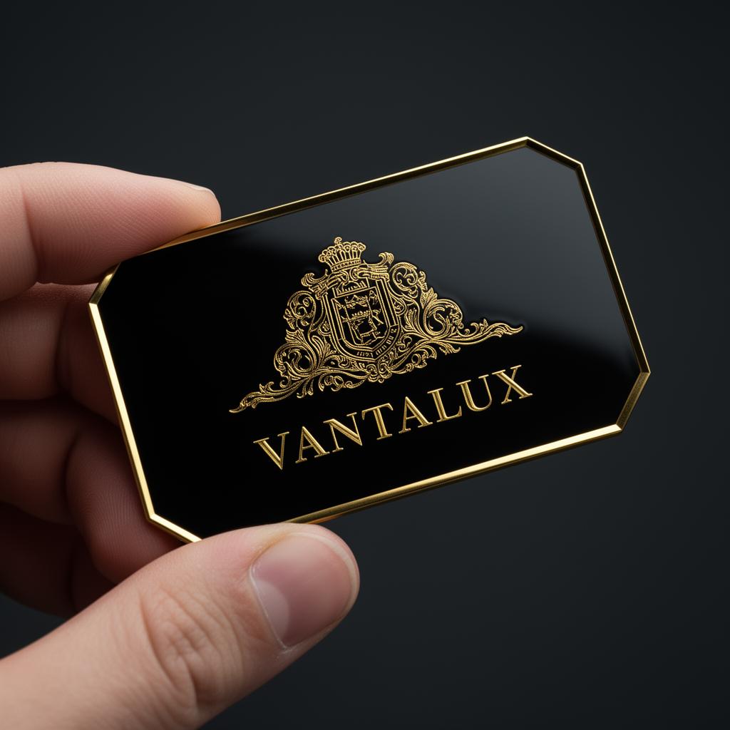 VANTALUX gloss black metal NFC business card with gold engraving